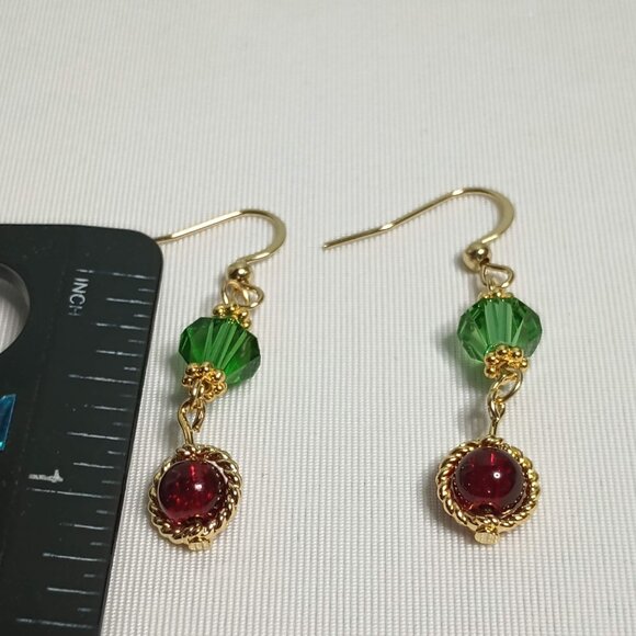 Faceted Green and Red Beads with Gold Accent Christmas Earrings - Picture 4 of 5